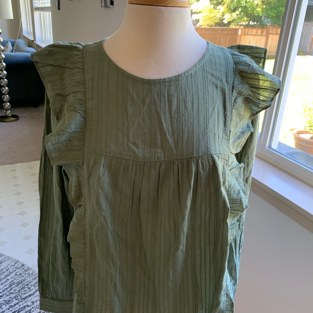 LOFT Olive Green Ruffle Long Sleeve Blouse - Picture 4 of 8